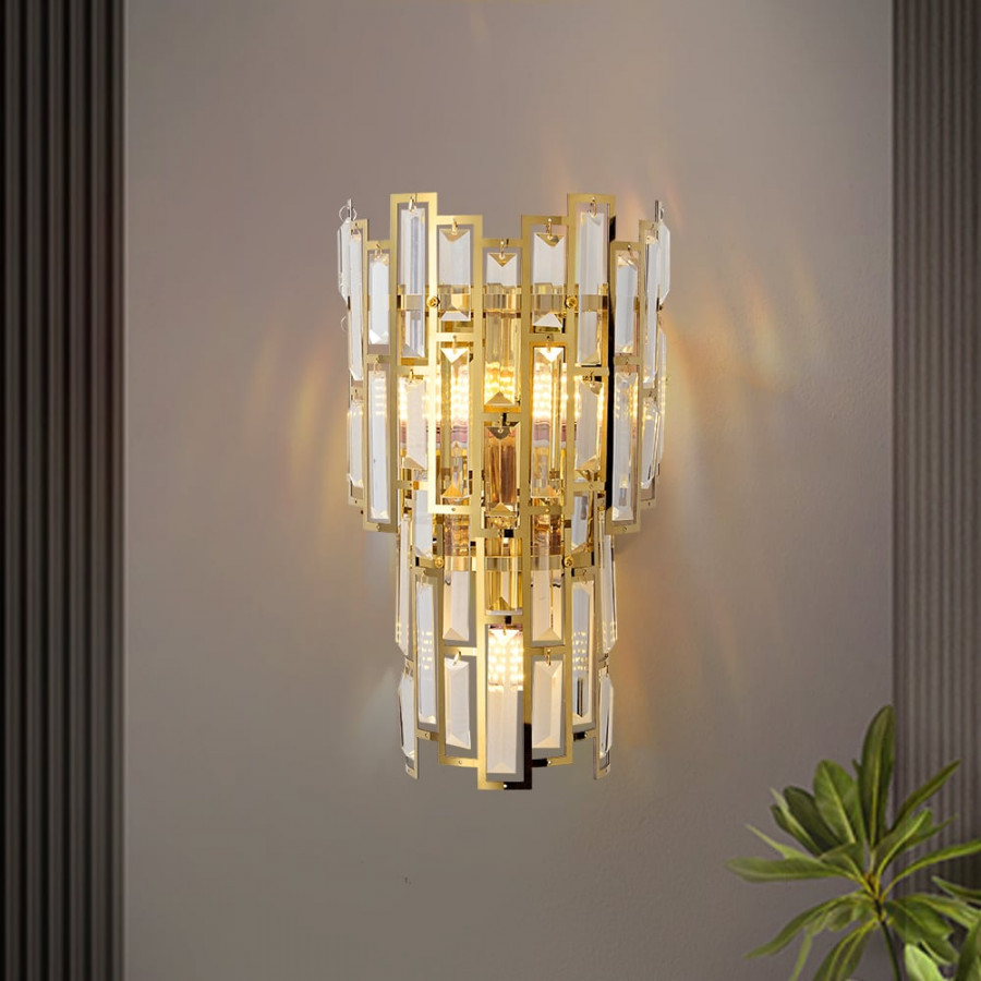 HMR - Glam 3-Light Crystal Wall Sconce Golden LED Wall Light for Bedroom Deco