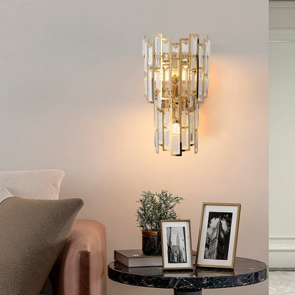 HMR - Glam 3-Light Crystal Wall Sconce Golden LED Wall Light for Bedroom Deco