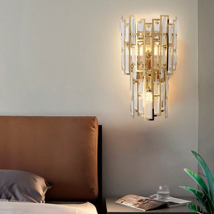 HMR - Glam 3-Light Crystal Wall Sconce Golden LED Wall Light for Bedroom Deco