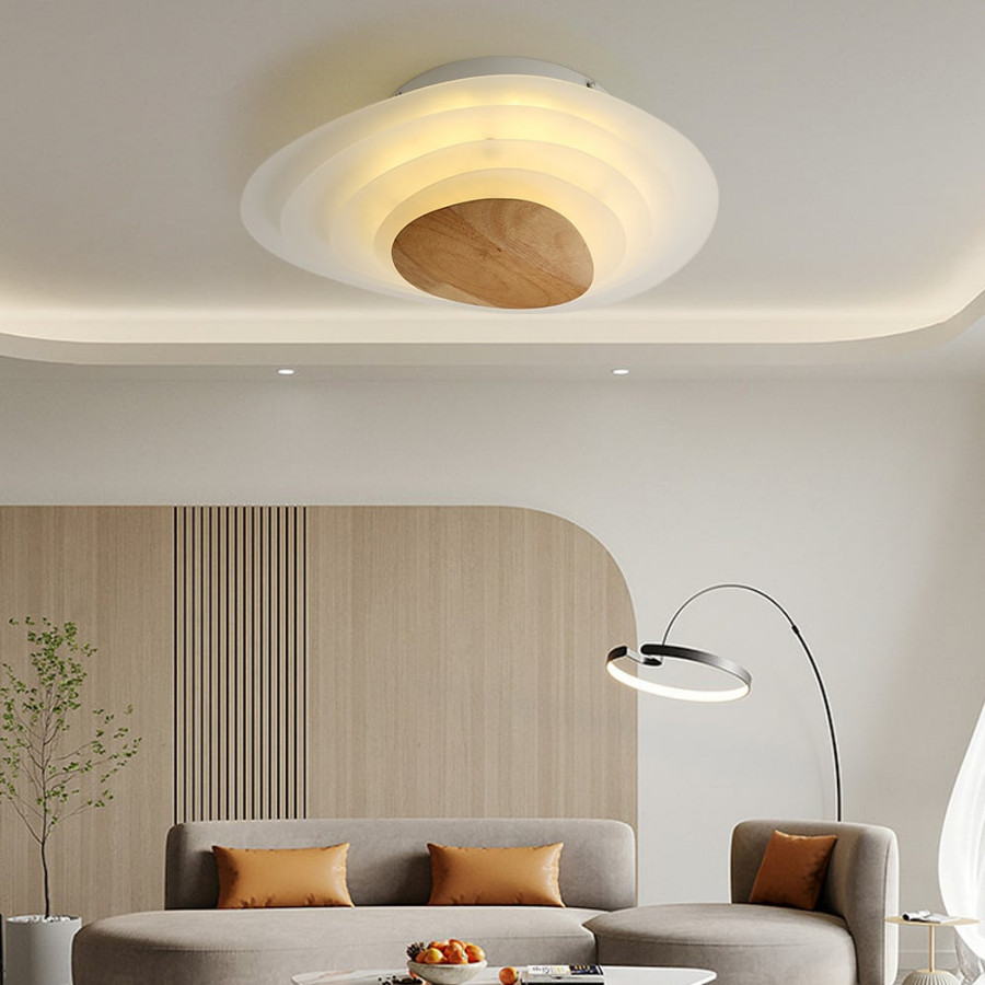 HMR - Minimalist LED White Flush Mount Ceiling Light Metal Acrylic and Wood