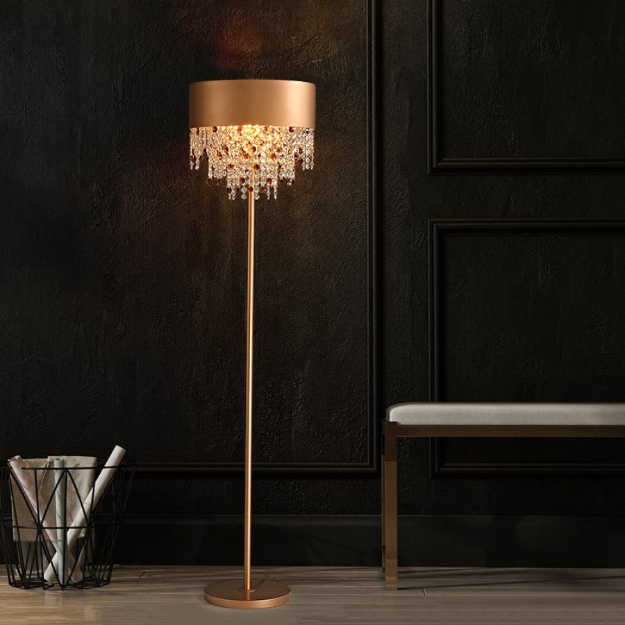 HMR - Glam 2-Light LED Crystal Floor Lamp Plug-in Standing Lamp in Gold for Home Decor