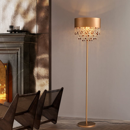 HMR - Glam 2-Light LED Crystal Floor Lamp Plug-in Standing Lamp in Gold for Home Decor