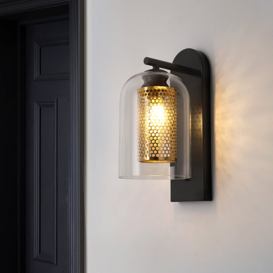 HMR - Modern 1-Light Glass Black & Gold Wall Lighting