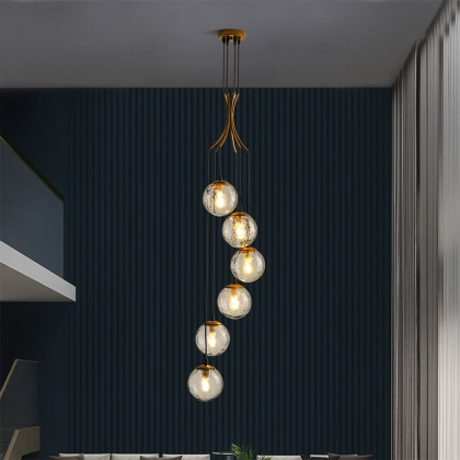 HMR - 6-Light LED Glass Entryway Foyer Bubble Chandelier Tiered Long Pendant Light in Gold