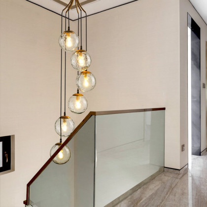 HMR - 6-Light LED Glass Entryway Foyer Bubble Chandelier Tiered Long Pendant Light in Gold