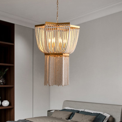 HMR - 6-Light Wooden Beaded Tassel Chandelier with Star Shaped in Gold for Living Room