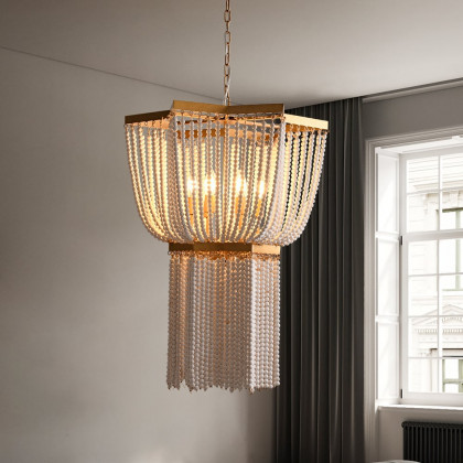 HMR - 6-Light Wooden Beaded Tassel Chandelier with Star Shaped in Gold for Living Room