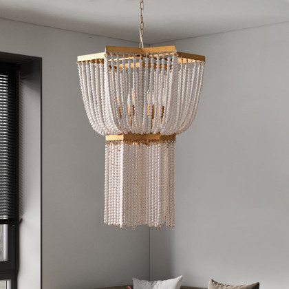 HMR - 6-Light Wooden Beaded Tassel Chandelier with Star Shaped in Gold for Living Room