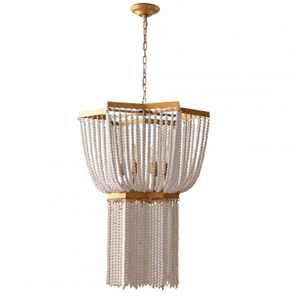 HMR - 6-Light Wooden Beaded Tassel Chandelier with Star Shaped in Gold for Living Room