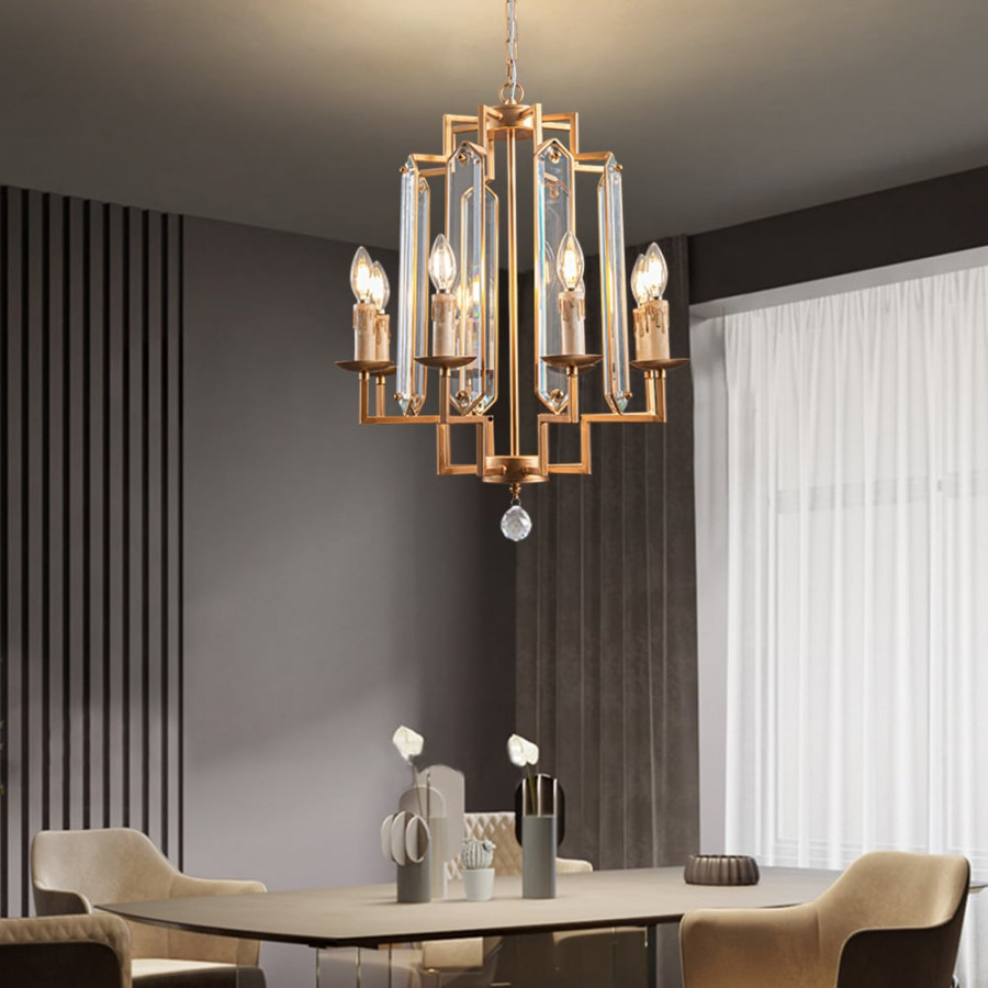 HMR - 8-Light French Country Candle-Style Crystal Pendant Chandelier Light in Gold