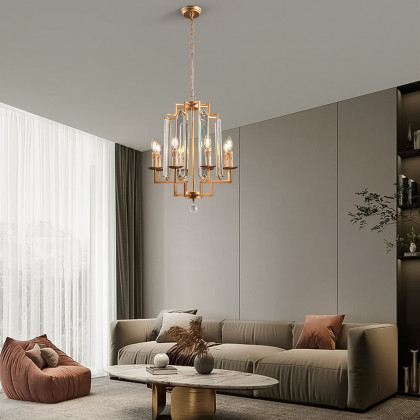 HMR - 8-Light French Country Candle-Style Crystal Pendant Chandelier Light in Gold