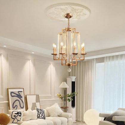 HMR - 8-Light French Country Candle-Style Crystal Pendant Chandelier Light in Gold