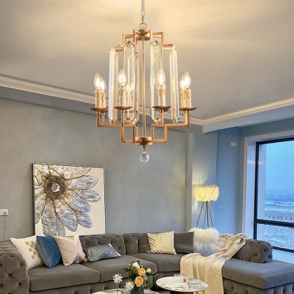 HMR - 8-Light French Country Candle-Style Crystal Pendant Chandelier Light in Gold