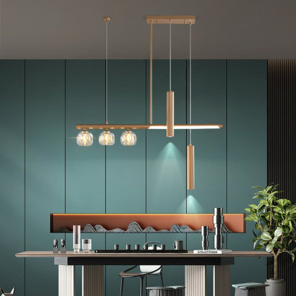 HMR - Minimalist 6-Light Gold Crystal Shade LED Glass Linear Kitchen Island Chandelier Light