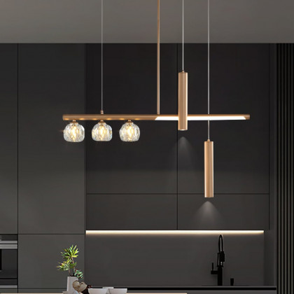HMR - Minimalist 6-Light Gold Crystal Shade LED Glass Linear Kitchen Island Chandelier Light