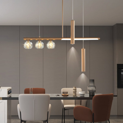 HMR - Minimalist 6-Light Gold Crystal Shade LED Glass Linear Kitchen Island Chandelier Light