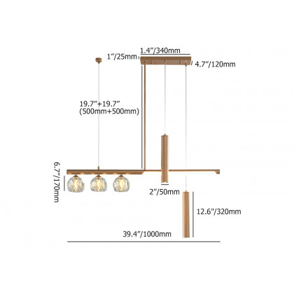HMR - Minimalist 6-Light Gold Crystal Shade LED Glass Linear Kitchen Island Chandelier Light