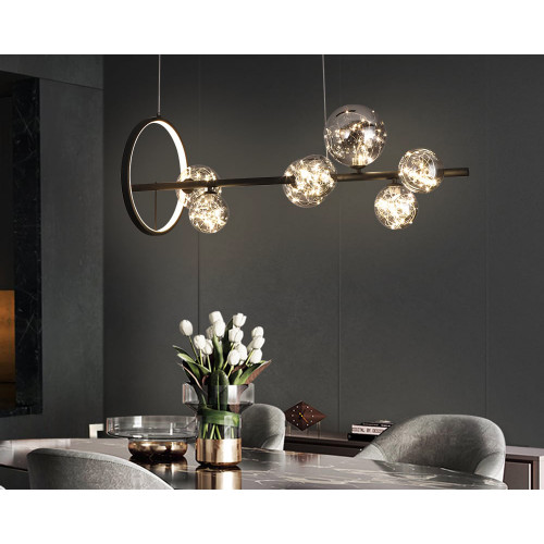HMR Modern Kitchen Island Light with Glass Globe Shade Ceiling Pendant Lights - Black, 7-Light