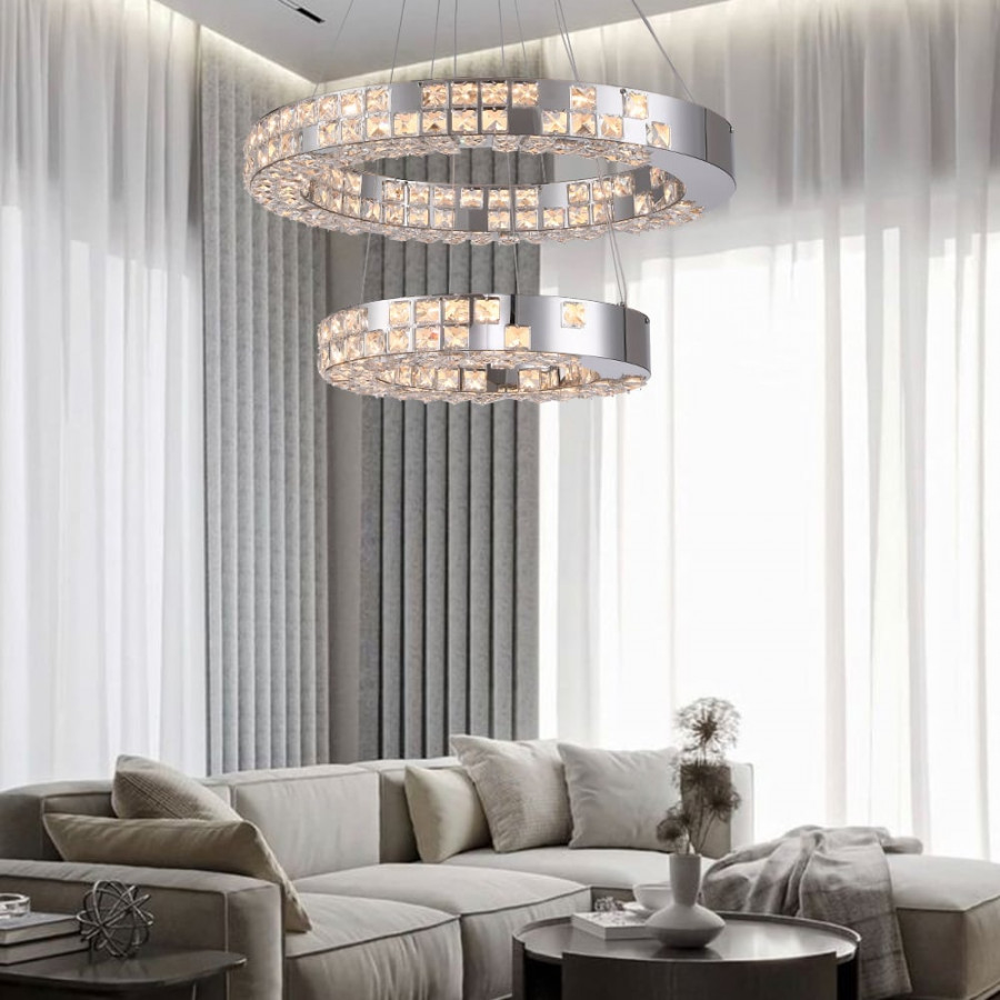 HMR - K9 Crystal Silver Stainless Steel Ring Chandelier Double Layer Ceiling Light