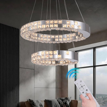 HMR - K9 Crystal Silver Stainless Steel Ring Chandelier Double Layer Ceiling Light