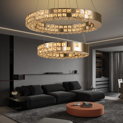 HMR - K9 Crystal Silver Stainless Steel Ring Chandelier Double Layer Ceiling Light
