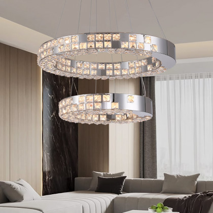 HMR - K9 Crystal Silver Stainless Steel Ring Chandelier Double Layer Ceiling Light
