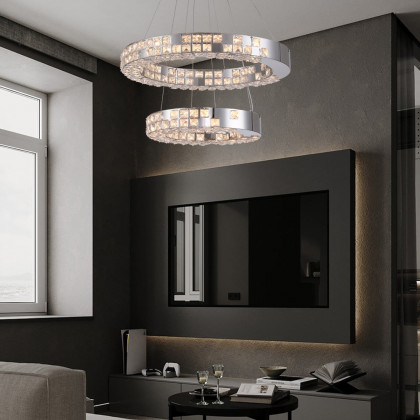HMR - K9 Crystal Silver Stainless Steel Ring Chandelier Double Layer Ceiling Light