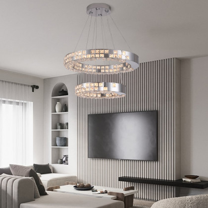 HMR - K9 Crystal Silver Stainless Steel Ring Chandelier Double Layer Ceiling Light