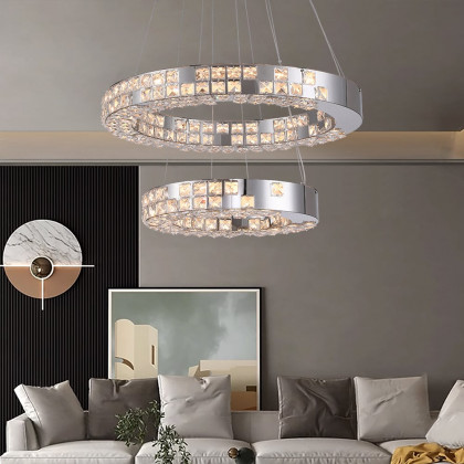 HMR - K9 Crystal Silver Stainless Steel Ring Chandelier Double Layer Ceiling Light