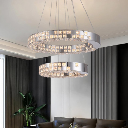 HMR - K9 Crystal Silver Stainless Steel Ring Chandelier Double Layer Ceiling Light