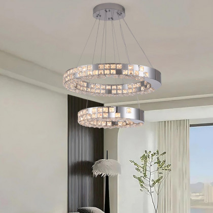 HMR - K9 Crystal Silver Stainless Steel Ring Chandelier Double Layer Ceiling Light