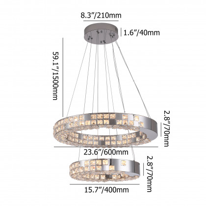 HMR - K9 Crystal Silver Stainless Steel Ring Chandelier Double Layer Ceiling Light