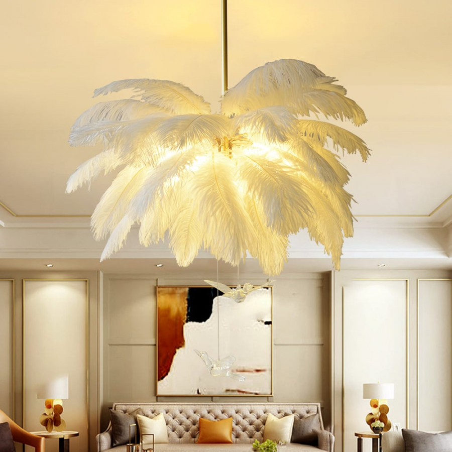 HMR - Loftus Art Deco 5-Light Chandelier White Feather Pendant Light LED Lamp Living Room