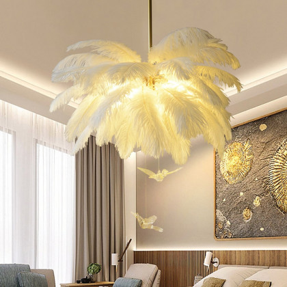 HMR - Loftus Art Deco 5-Light Chandelier White Feather Pendant Light LED Lamp Living Room