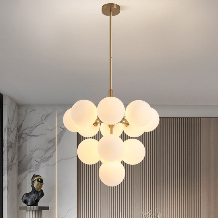 HMR - Nordic 13-Light Globe Chandelier Bubble Gold Pendant Light with White Glass Shade