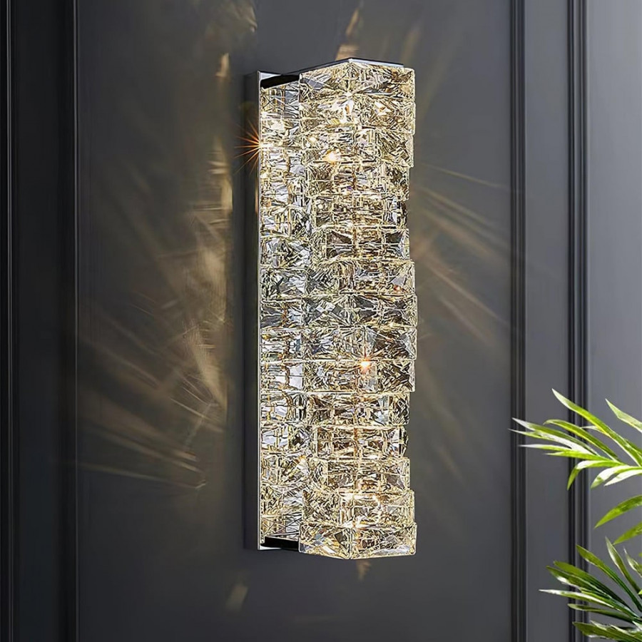 HMR - Modern Chrome Crystal Clear LED Wall Sconces Silver Bedside Wall Lamp with Warm light
