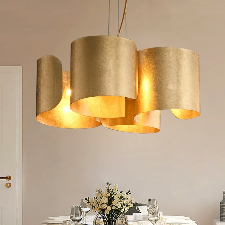 HMR - Glam Gold Chandelier 4-Light Drum Pendant Light Unique Scrolled Shape