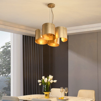 HMR - Glam Gold Chandelier 4-Light Drum Pendant Light Unique Scrolled Shape