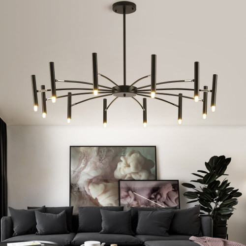 HMR Black Chandelier LED Modern Ceiling Pendant Light Fixture for Living Room - 12-Light