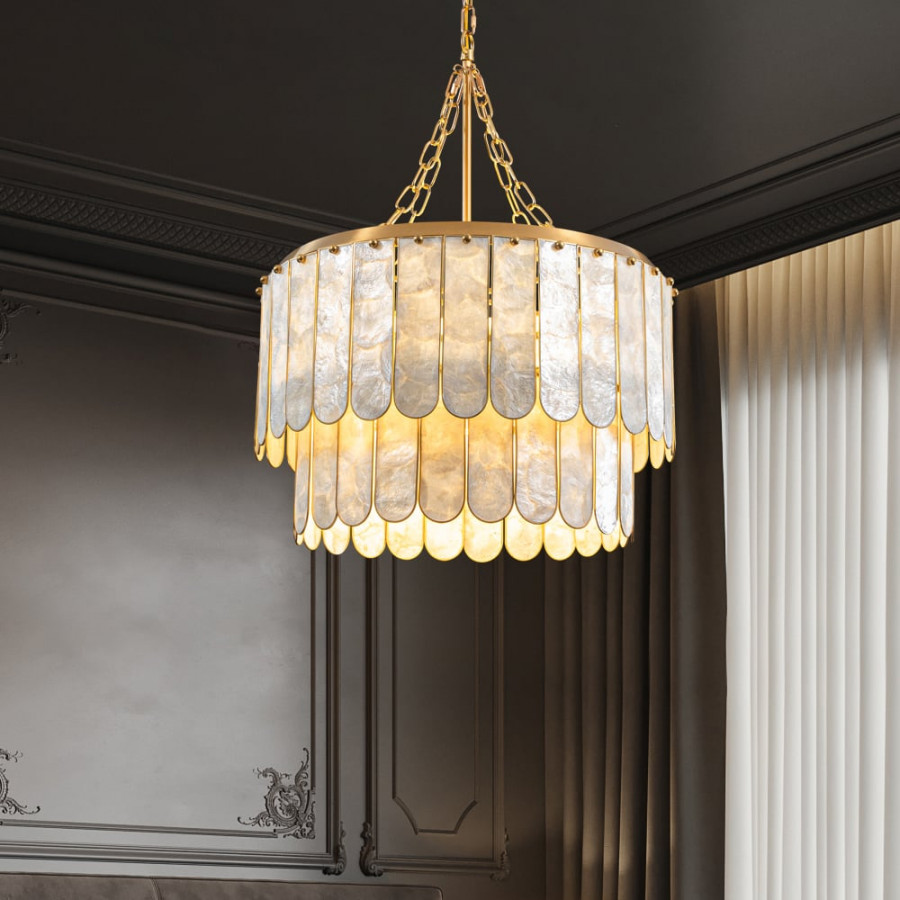 HMR - Enseo Coastal 5-Light Capiz Shell 2 Tiered Faceted Chandelier Pendant Light Gold White