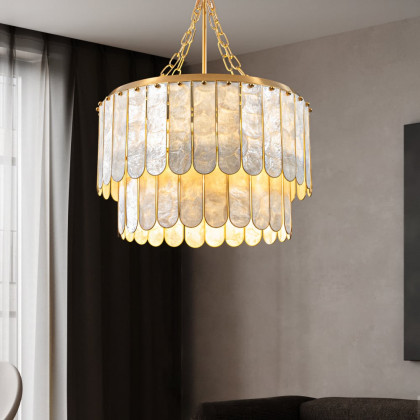 HMR - Enseo Coastal 5-Light Capiz Shell 2 Tiered Faceted Chandelier Pendant Light Gold White