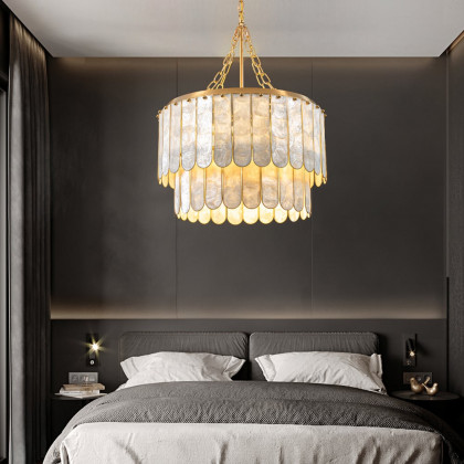 HMR - Enseo Coastal 5-Light Capiz Shell 2 Tiered Faceted Chandelier Pendant Light Gold White
