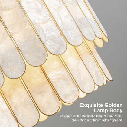 HMR - Enseo Coastal 5-Light Capiz Shell 2 Tiered Faceted Chandelier Pendant Light Gold White
