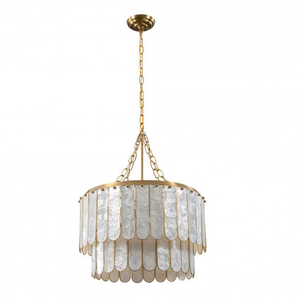 HMR - Enseo Coastal 5-Light Capiz Shell 2 Tiered Faceted Chandelier Pendant Light Gold White