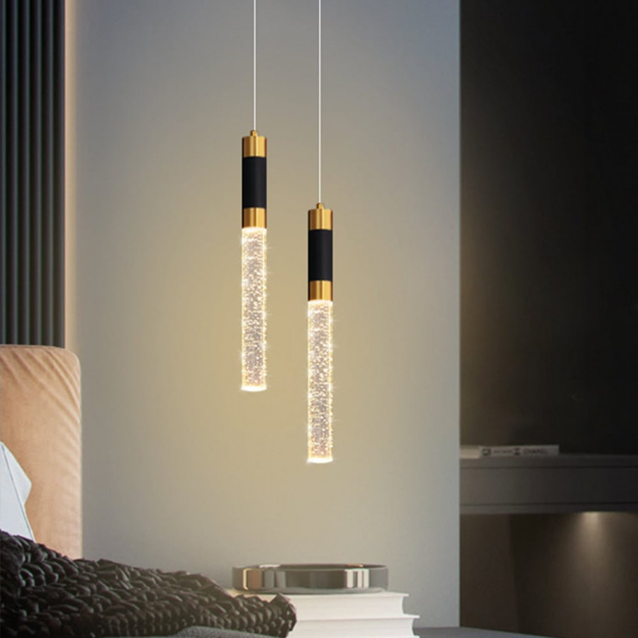 HMR - 1-Light Single Mini Cylinder LED Island Pendant Light in Black & Gold with Acrylic Shade