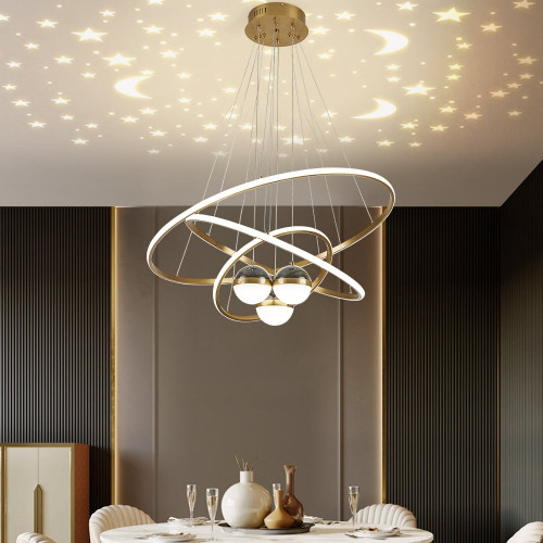 HMR - Modern Gold 3-Light LED Chandelier 3 Color Modes Remote Control Starry Reflection Light