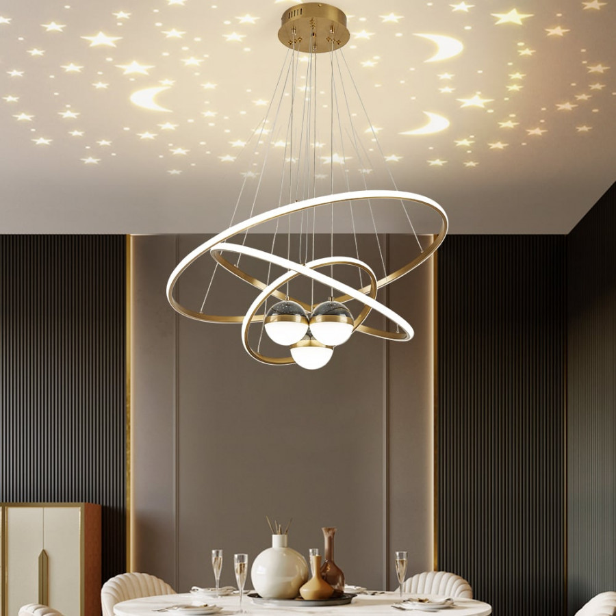 HMR - Modern Gold 3-Light LED Chandelier 3 Color Modes Remote Control Starry Reflection Light