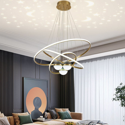 HMR - Modern Gold 3-Light LED Chandelier 3 Color Modes Remote Control Starry Reflection Light