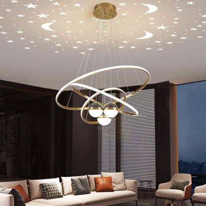 HMR - Modern Gold 3-Light LED Chandelier 3 Color Modes Remote Control Starry Reflection Light