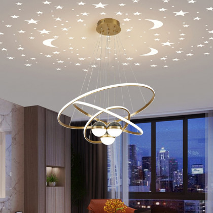HMR - Modern Gold 3-Light LED Chandelier 3 Color Modes Remote Control Starry Reflection Light
